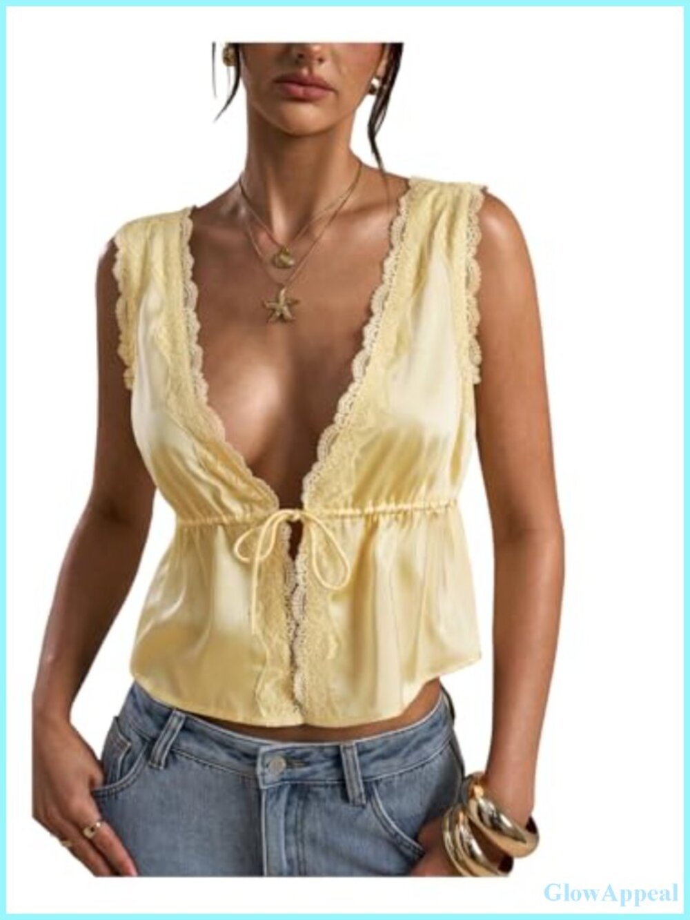 Tie Front Deep V Neck Peplum Satin Tank Top Lace Trim Sleeveless Crop Blouse